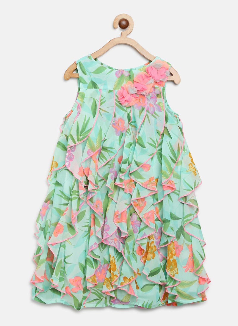 Nautinati Girls' Georgette All-over Floral Applique & Print Ruffled A-Line Dress - Image 2
